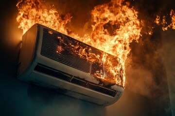 Air conditioner bursts into flames from electrical short circuit. Intense fire blazes out of the air conditioning unit. Flames and smoke depict danger of electrical equipment failure