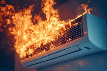 Air conditioner bursts into flames from electrical short circuit. Intense fire blazes out of the air conditioning unit. Flames and smoke depict danger of electrical equipment failure