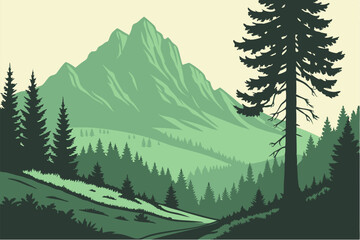 Fototapeta premium A modern, hand-drawn mountain landscape illustration displaying a nature background, vintage forest, hill adventure, rock peak, and valley hiking, emphasizing climbing travel. Isolated black 