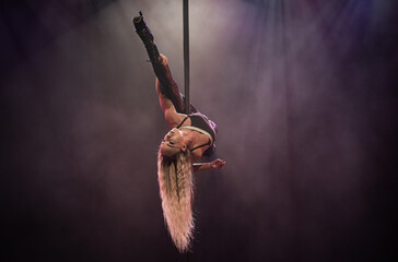 Female pole dancer dynamic pose under spotlight