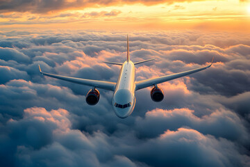 Airplane flying above the clouds during sunset time