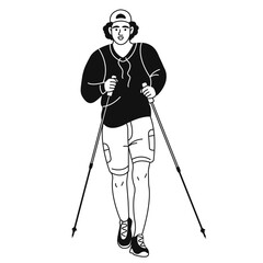 A male doodle character walking with hiking poles. Travel, hiking, trekking. The concept of a healthy lifestyle. Vector hand-drawn black and white illustration