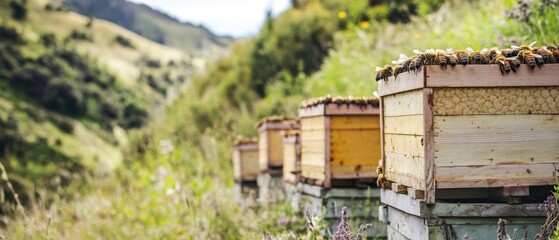 Fototapeta premium Serene apiary scene featuring wooden beehives buzzing with honeybees nestled in a lush green meadow on a sunny day capturing the essence of beekeeping