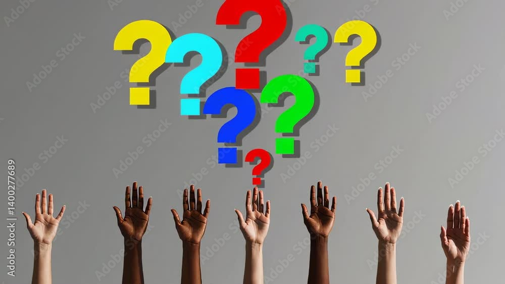 Poster multiple hands of diverse ethnicities raise against a gray background with colorful question marks, 