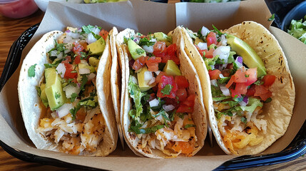 Plant-based fish tacos served with fresh toppings in an eco-friendly dining environment promoting sustainability