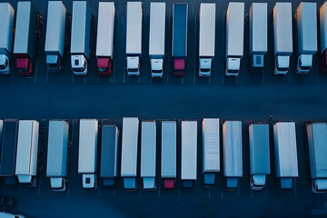 Aerial view of parked semi trucks in rows at dusk