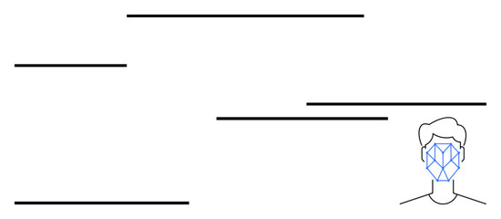Human face outline with geometric overlay symbolizes facial recognition. Horizontal lines add modern style. Ideal for technology, biometric security, AI, digital identity, authentication, innovation