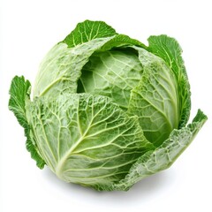Obraz premium Close-up of fresh green cabbage with textured leaves on white background.