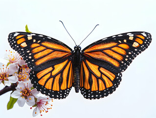 Naklejka premium Monarch butterfly with orange and black wings resting near a branch of delicate white blossoms