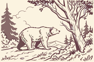 Beautiful outdoor bear in forest handdrawn vintage vector illustration
