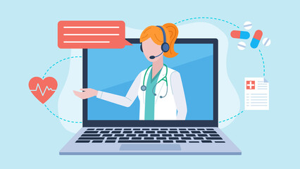 The character is wearing a headset and there is a speech bubble next to it. Laptop screen with a doctor, chatting with a patient. 