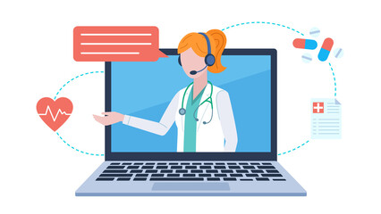 Laptop screen with a doctor, chatting with a patient. The character is wearing a headset and there is a speech bubble next to it. 