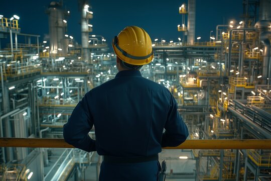 Back view of worker engineer in yellow hard hat, navy uniform at industrial oil, gas refinery plant. Man overseeing production, ensuring safety. Energy, crude oil, gas, petroleum industry concept 