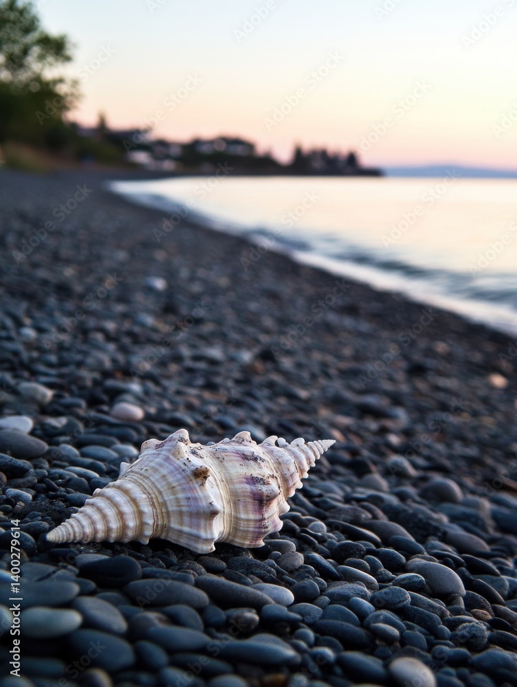 Aufkleber seashell on a pebble beach at sunset with soft light and blurred background creating a serene and pe