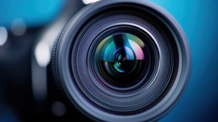A detailed close-up of a camera lens set against a vibrant blue background.