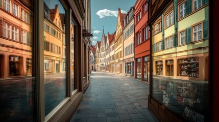 Fototapeta premium Old town street with buildings mirrored in shop windows