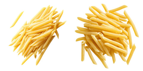 Dry Italian pasta varieties in two separate piles, isolated on transparent background.