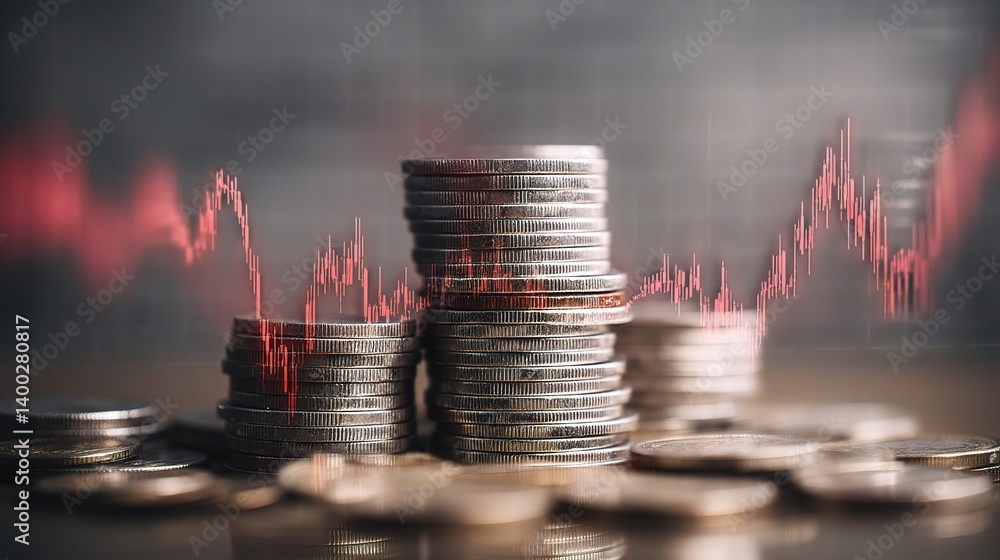 Poster stack of coins with financial chart and bank report background