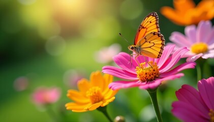 Fototapeta premium Close-up of vibrant spring flowers with a butterfly in a sunny garden, butterfly, spring, background