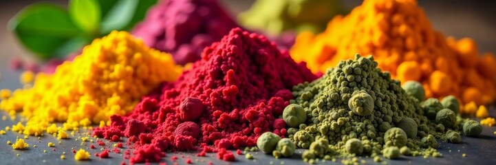 Close-up of vibrant superfoods and powders for homemade health remedies, nutrition, natural, health