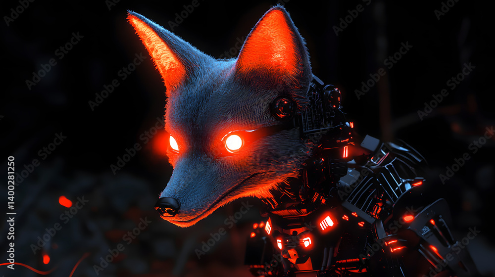 Poster futuristic robotic fox with glowing eyes in a dark background for sci-fi and tech design
