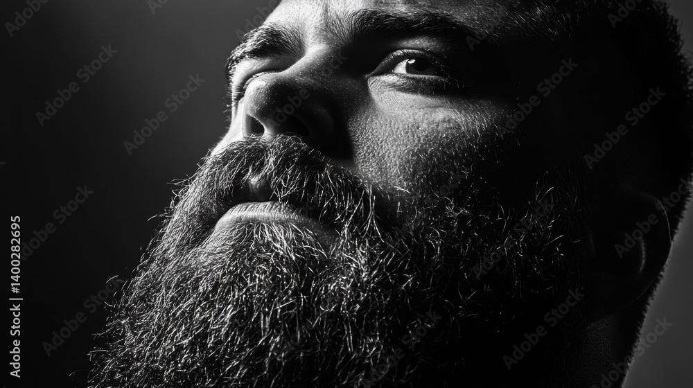 Poster high-contrast portrait of a man with a thick beard captured in studio lighting showcasing texture an