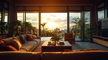 Fototapeta premium Sunset view luxury living room tropical villa