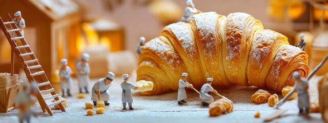 Miniature pastry chefs baking an enormous golden croissant. whimsical bakery, surreal food scene, baking concept, culinary fantasy, cozy kitchen selective focus  banner 