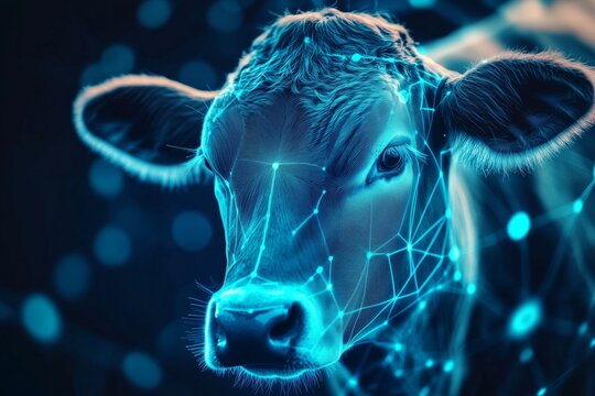 Close-up of cow with blue digital overlay. Futuristic farming concept illustrates tech integration. Cattle with ai, biotechnology, smart agriculture, innovative livestock solutions.