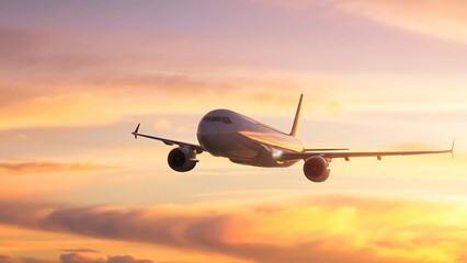 Passenger Airplane Flying Through Colorful Sunset Sky In Flight Perfect For Travel Transportation And Aviation Themes