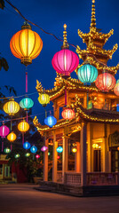 Vibrant lanterns and grand buddhist temple at night