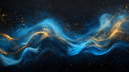 Fototapeta premium Elegant waves of blue light weaving with golden sparkling particles against a deep dark canvas