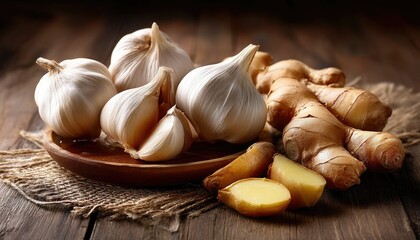 A rustic display of fresh garlic and ginger roots on a wooden surface, highlighting their natural textures and earthy tones.