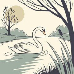 Obraz premium Retro Swan Lake Illustration