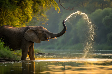 Obraz premium elephant in water, elephant in the river, Majestic elephant, spraying water with trunk, jungle river, lush green background, golden hour light, wildlife photography, splashing , reflective water,
