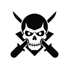 a black and white samurai skull with katana swords.eps