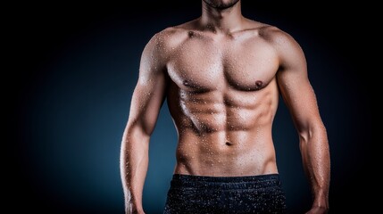 Fototapeta premium Glistening Muscular Man Posing Against Dark Background