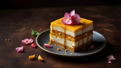  A vibrantly colorful illustration of a delectable paneer-based dessert, with an artistic blend of creamy whites, golden yellows, and soft pinks, set against a rich, dark brown background that evokes 