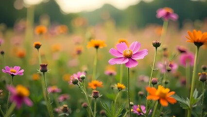 Fototapeta premium Field, with natural light, cloudy weather, with a variety of wildflowers. Spring/early summer.