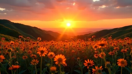 Colorful wildflowers in a field at sunset. Natural light shines through the brightly colored flowers creating a spring/summer picture. Early summer.