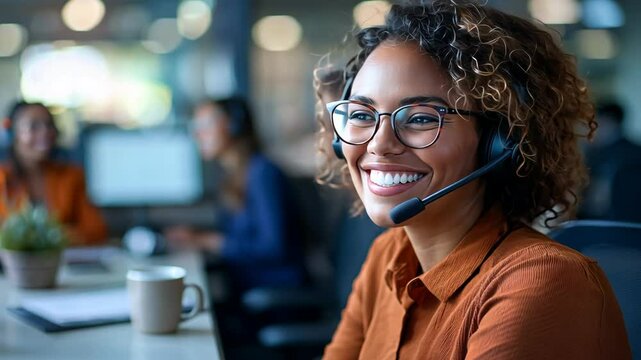 Cheerful Woman in Modern Call Center Engaging with Customers