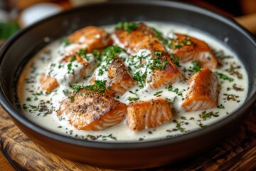 Cooked salmon fillet with cream sauce in a frying pan. Seafood meal with herbs on wooden board. Healthy food. Culinary arts. Tasty lunch at restaurant. Diet food. Salmon with spices