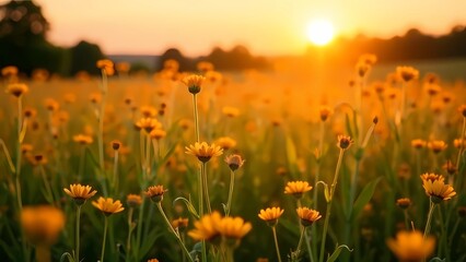 Colorful wildflowers in a field at sunset. Natural light shines through the brightly colored flowers creating a spring/summer picture. Early summer.
