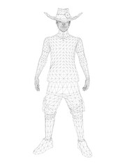 A man in a cowboy hat stands in front of a white background. The man is wearing a white shirt and white pants. The image has a moody and mysterious feel to it