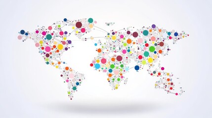 Abstract dotted world map made of colorful circles and lines on white background.