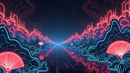 抽象背景　和柄×回路デザイン