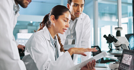 Teamwork, people or scientists on laptop for clinical trial, vaccine breakthrough and DNA...