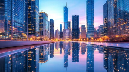 Skyscraper skyline reflected in a glass facade