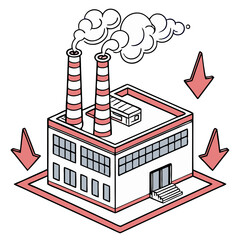 Factory Emitting Downward Arrows in Smoke on Transparent Background. Perfect for: Earth Day (economic pollution), Industrial Reports