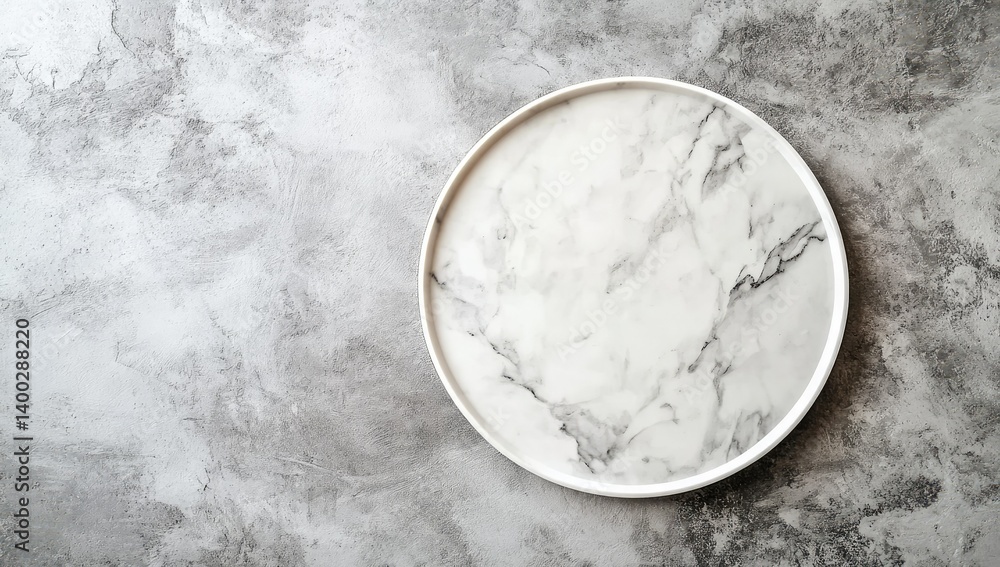 Poster a pristine marble-patterned serving tray placed on a textured gray surface. showcasing its elegant d